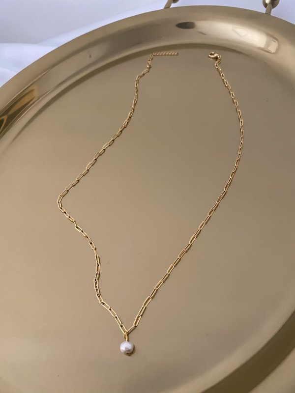Çelik İnce Oval Halkalı Zincirde İnci Uç Kolye (50cm)