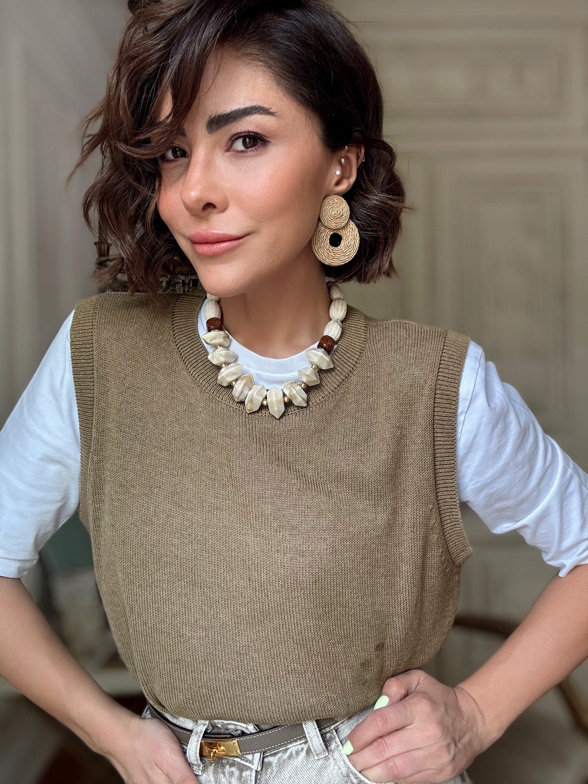 Kahve Renk Büyüklü Küçüklü Hasır Daire Küpe Kombini