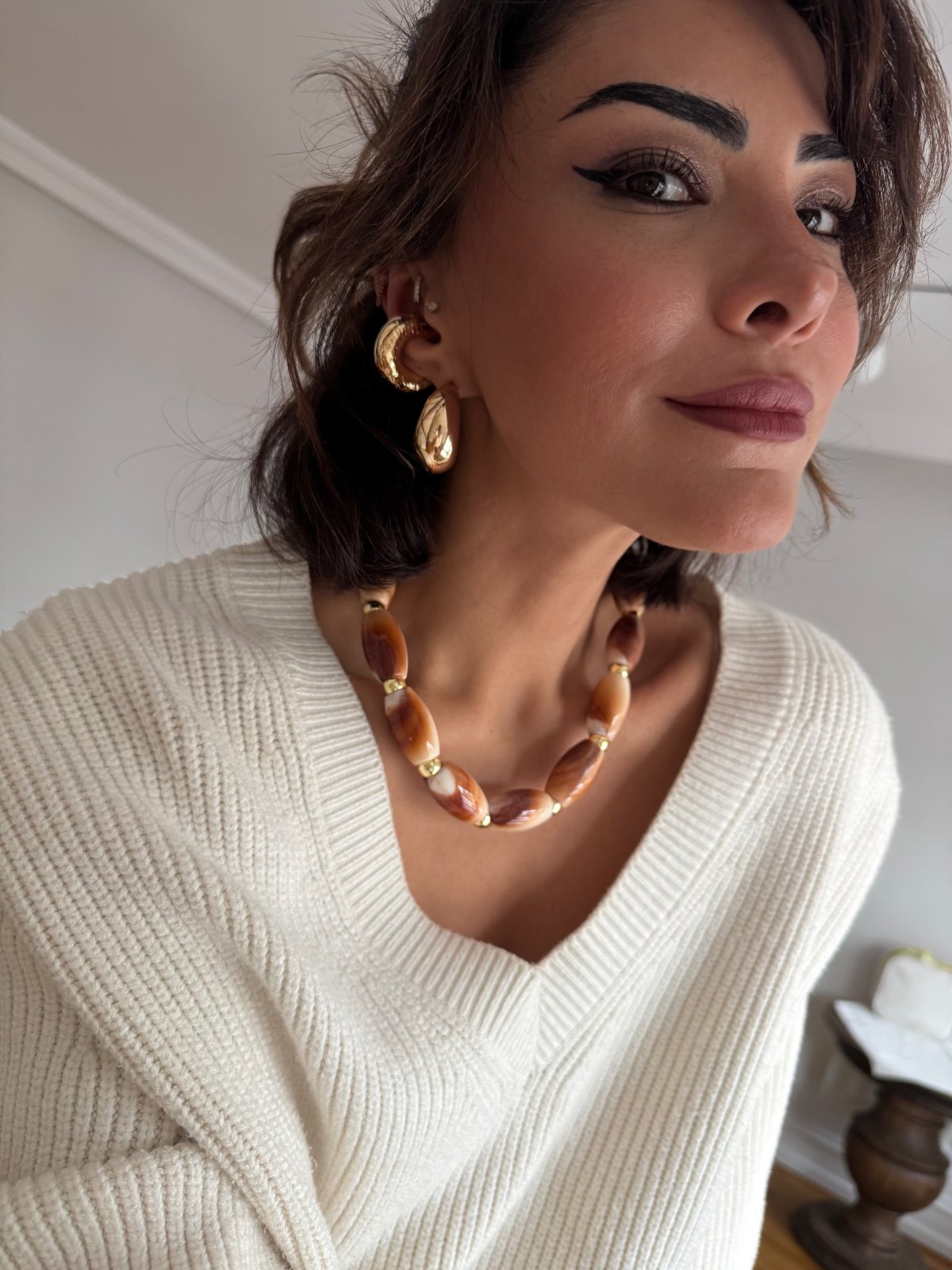 Gold Bombeli Damla Model Halka Küpe Kombini