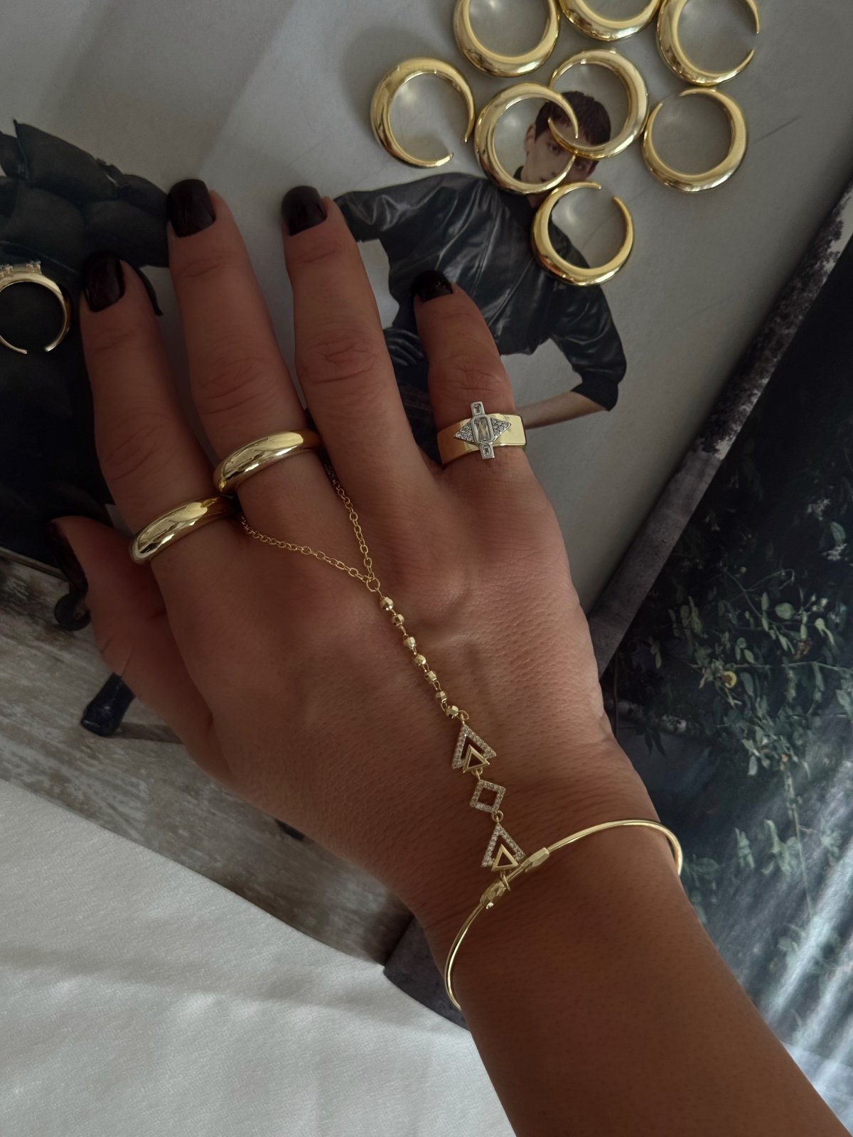 Özel Seri Gold Bombeli Plaka Ayarlanabilir Yüzük Kombini