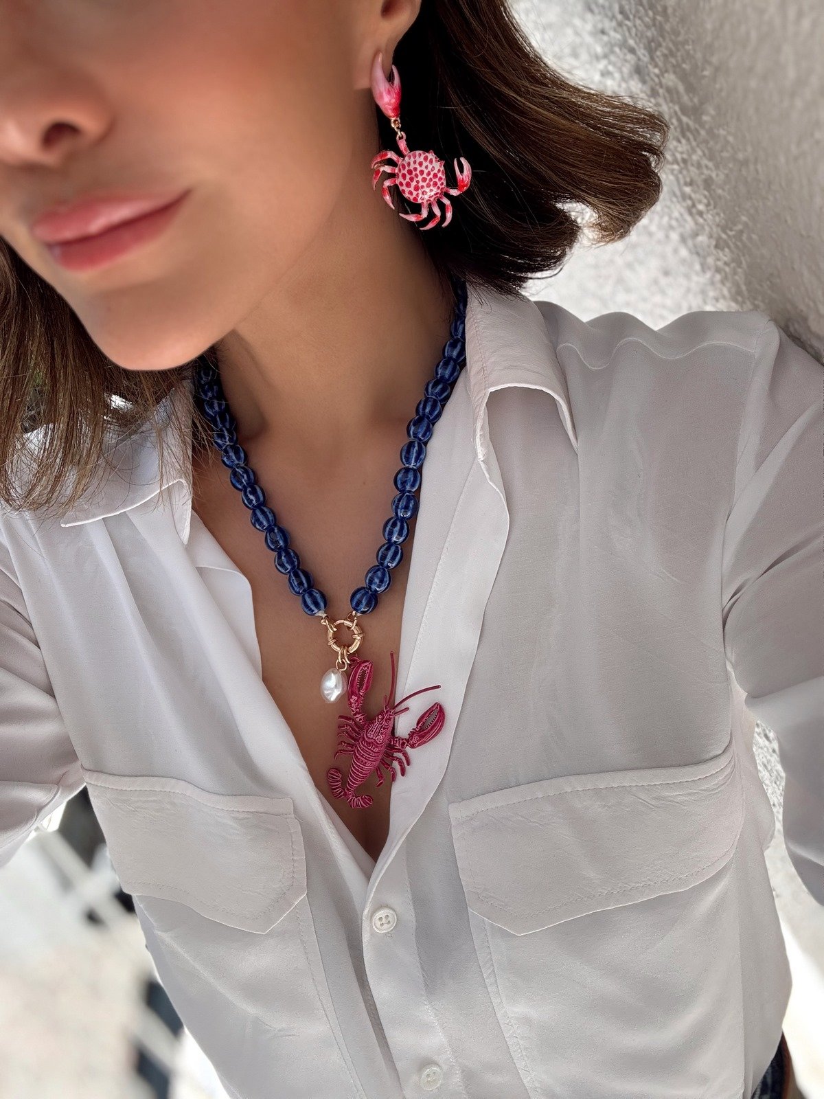 Çizgi Cam Boncuk Sıralı Pembe Yengeç Figür Marka Model Kolye Kombini 
