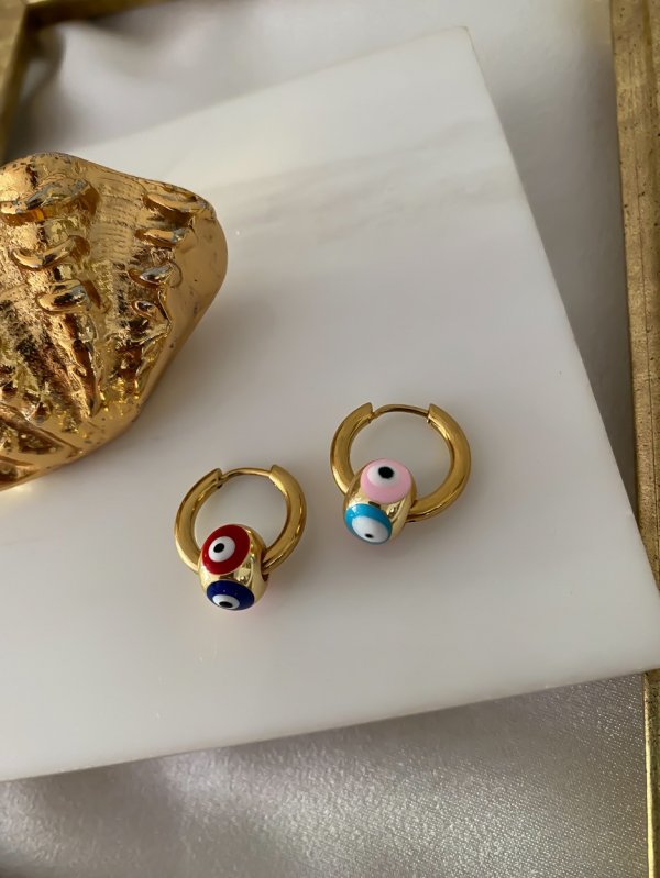 Çelik Halkada Büyük Mineli Nazar Topçuk Küpe