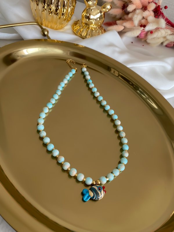 Murano Cam Balık Uç Doğal Taş Kolye (52 Cm)