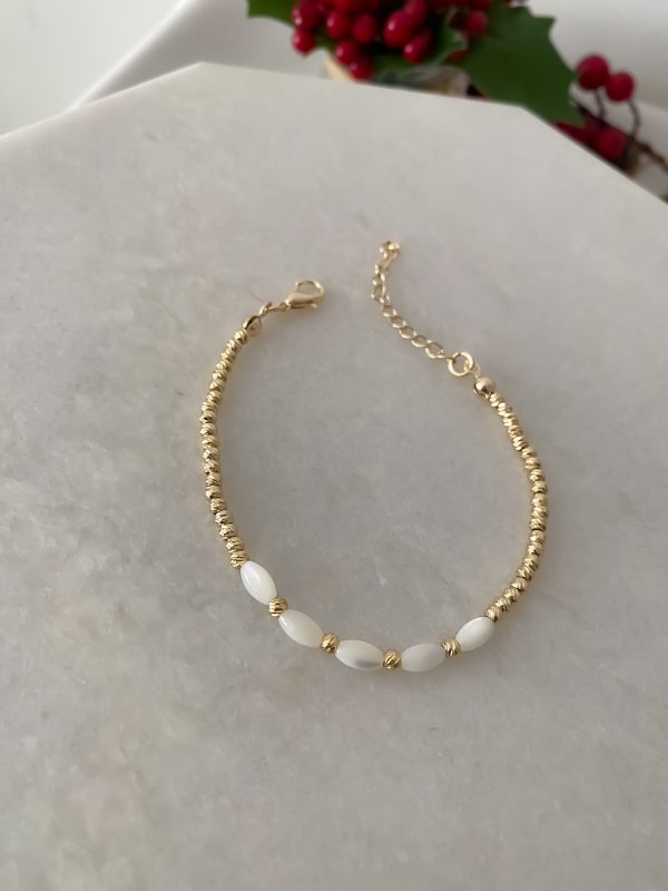 Gold Dorika Boncuk Oval Sedef Detay Bileklik ( 21 Cm )