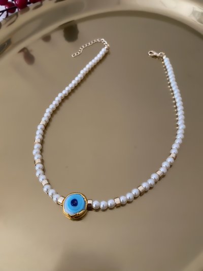Gold Zırhlı Nazar Detay İnci Kolye (44cm