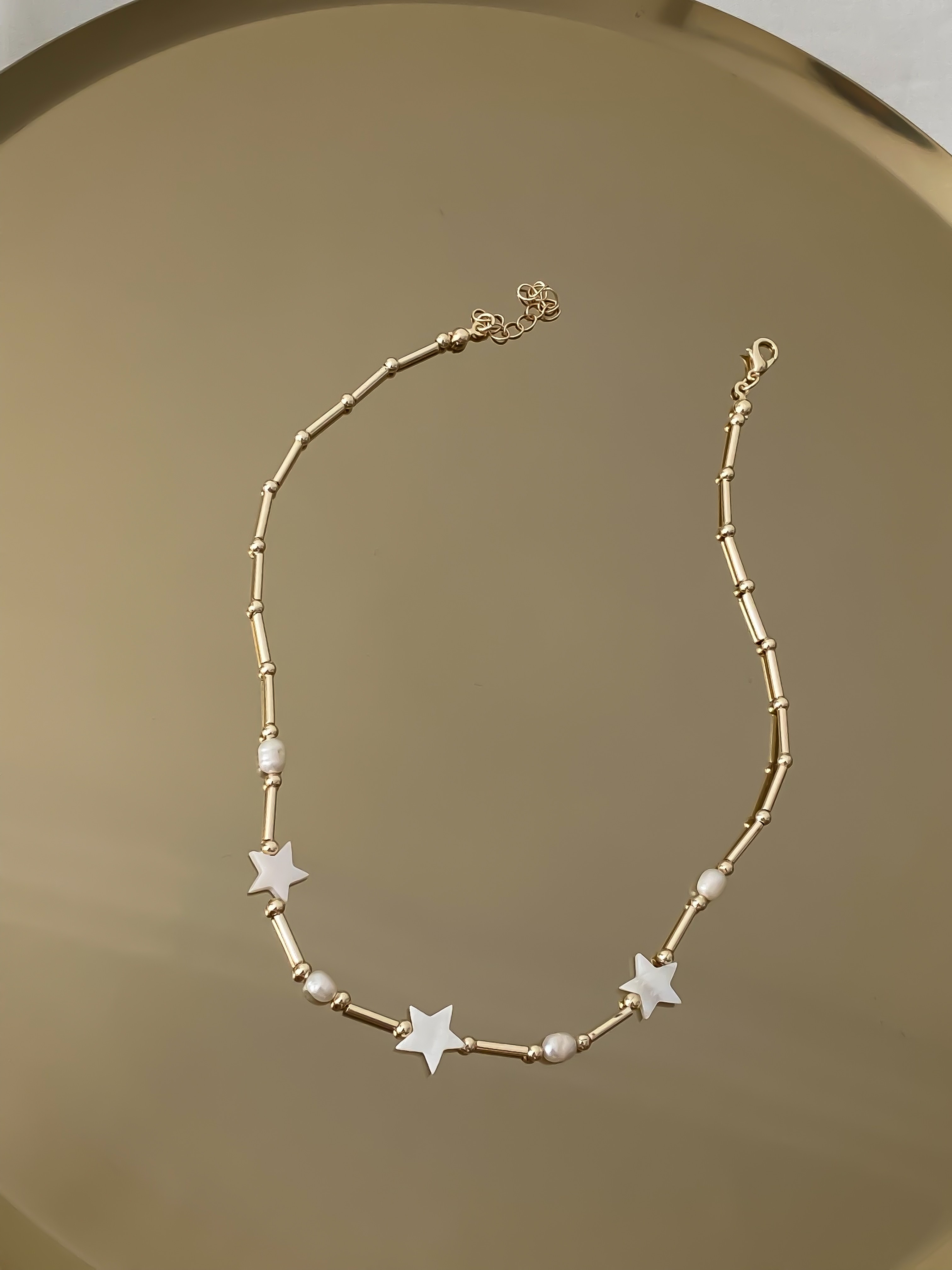 Gold Silindir İnci Yıldız Detay Kolye (44cm)