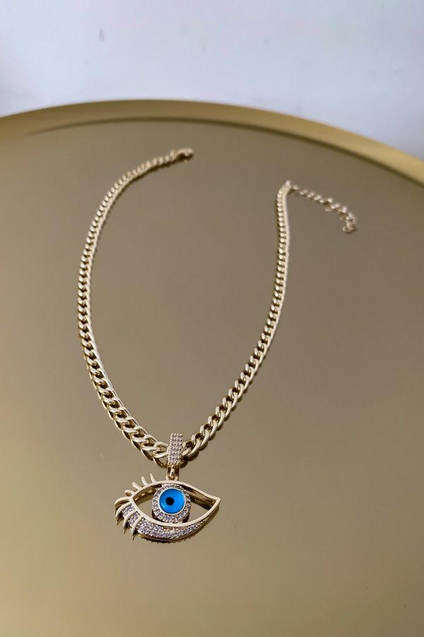 Gold Klasik Zincirde Taşlı Nazar Detay Göz Uç Kolye(43cm).