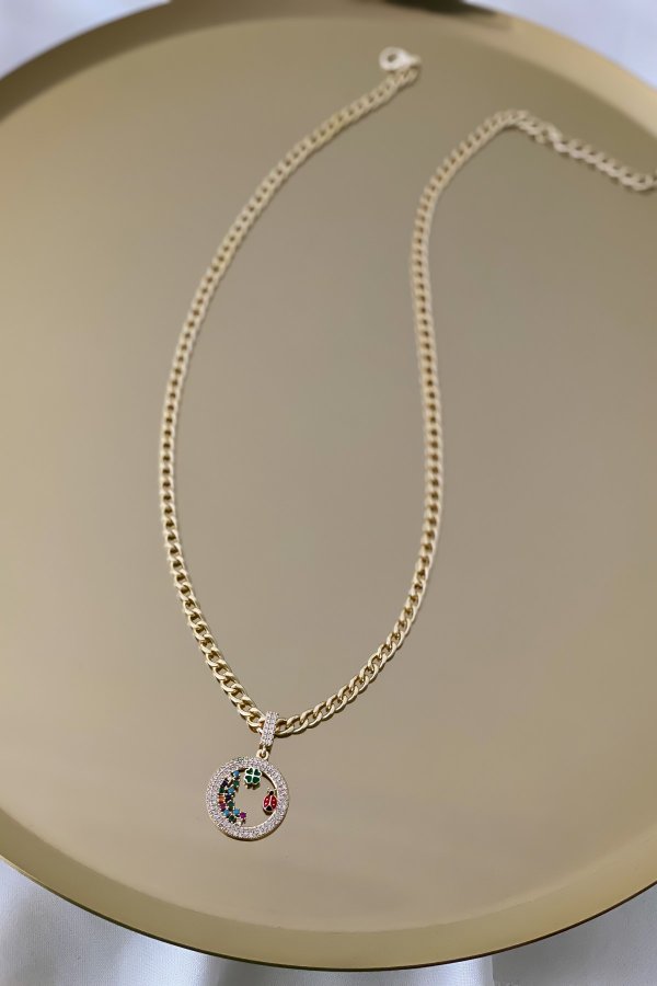 Gold Klasik Zincirde Yonca Uğur Böceği Şans Kolyesi (55cm)