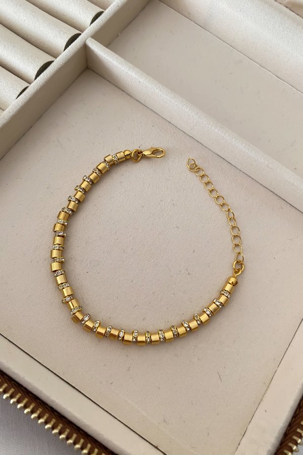 Altın Kaplama Gold Plaka Taşlı Biye Detay Bileklik (20cm)