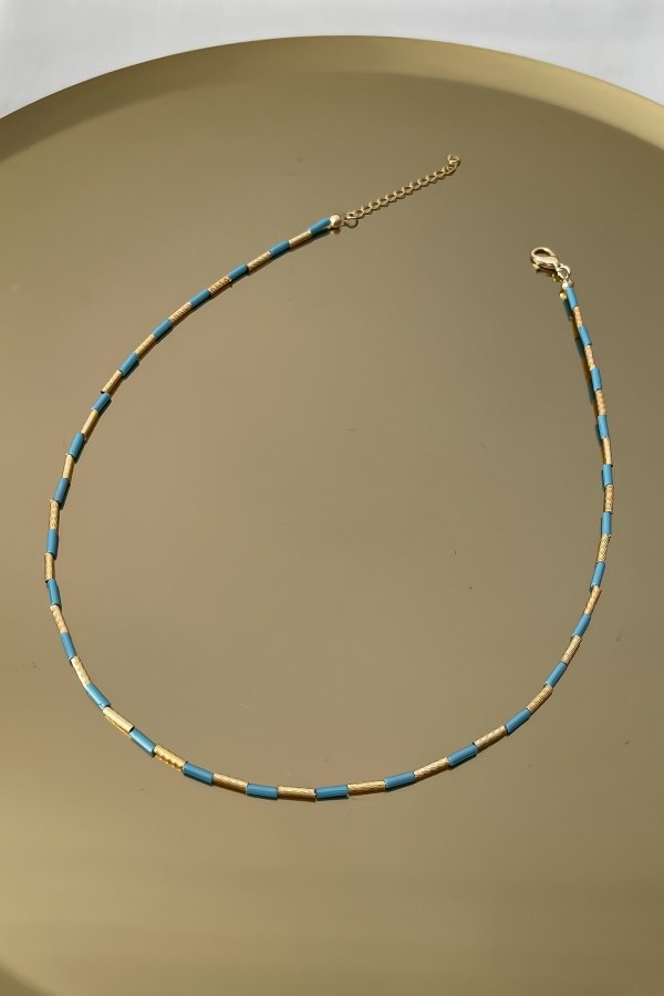 Tırtıklı Plaka Mavi Silindir Sıralı Kolye (50cm)