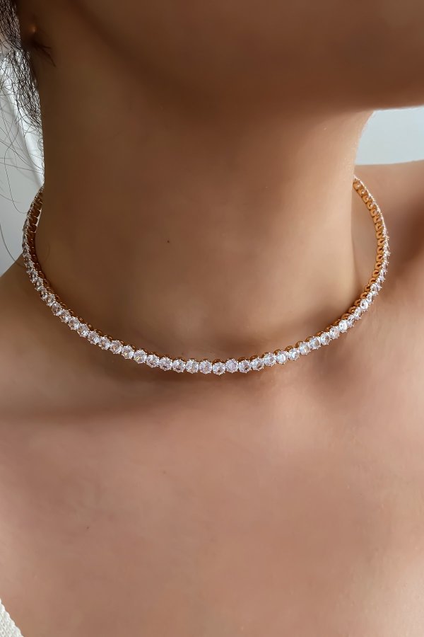 Özel Seri Gold Zirkon Taş Sıralı Yaylı Su Yolu Choker