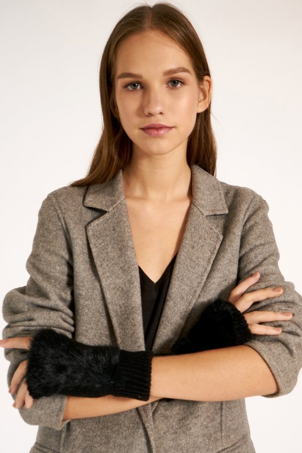 Kürklü Siyah Yünlü Kesik Eldiven