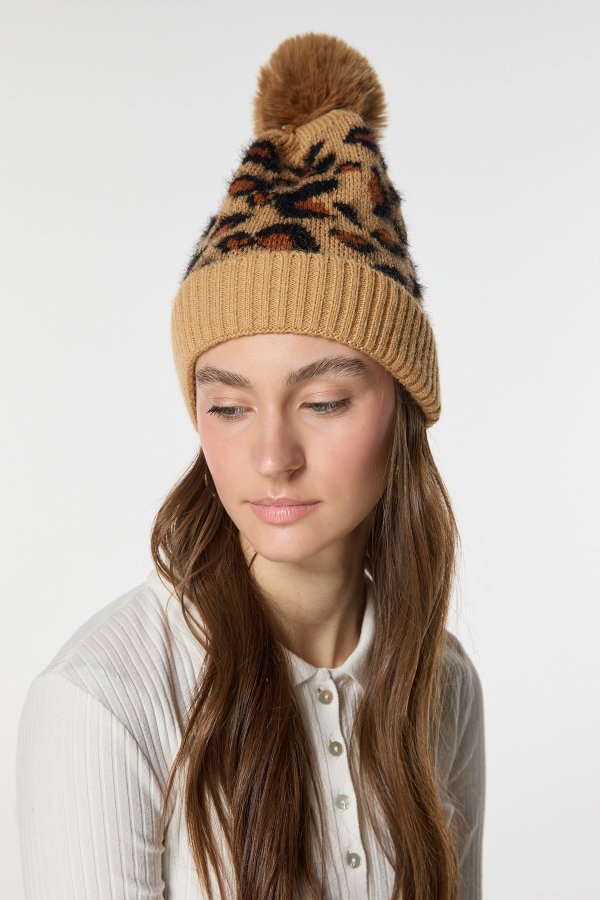 Leopar Desenli Camel Triko Örgülü Bere