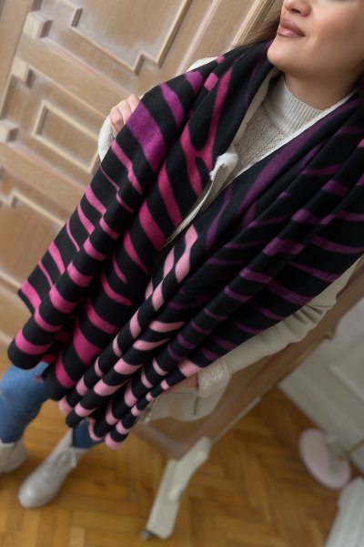 Yünlü Zebra Desenli Fuşya Kalın Şal