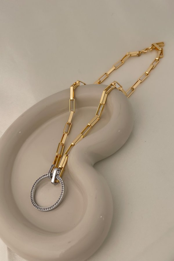 Gümüş Zirkon Taşlı Daire Uç Gold Geçmeli Zincir Kolye (49 Cm)