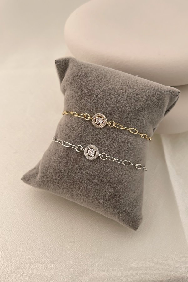 Zirkon Taşlı Daire Figür Oval Geçmeli Zincir Bileklik (21 Cm)