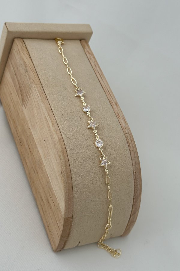 Zirkon Taşlı Daire Ve Yıldız Figür Sıralı Bileklik (19 Cm)