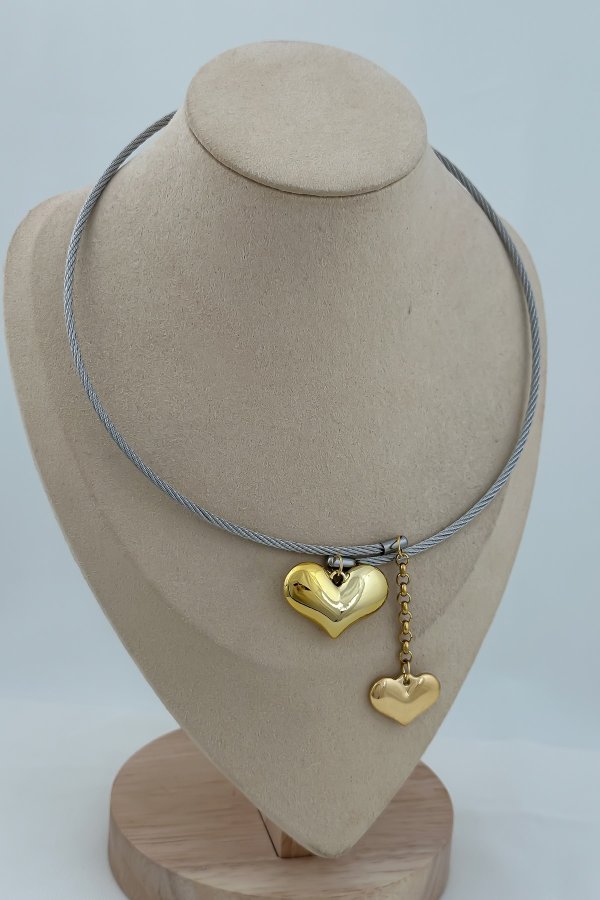 Çelik Gümüş Burgu Detay Büyüklü Küçüklü Kalp Figür Sallantılı Choker Kolye