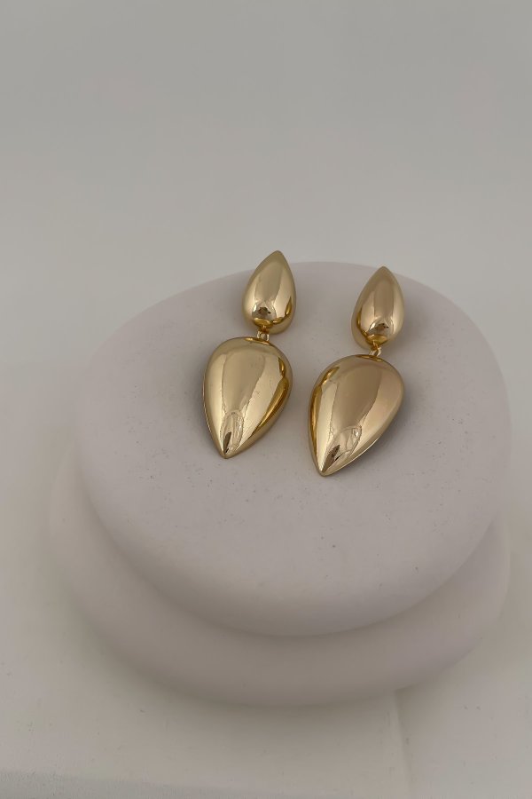 Gold İkili Damla Plaka Model Küpe