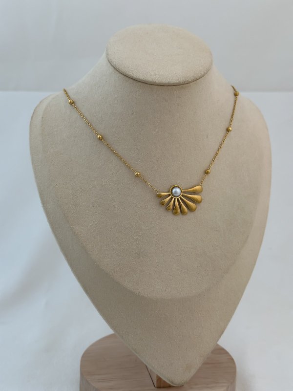 Çelik Damla Plaka Sıralı Yelpaze Model Top İnci Detay Kolye (48 Cm)