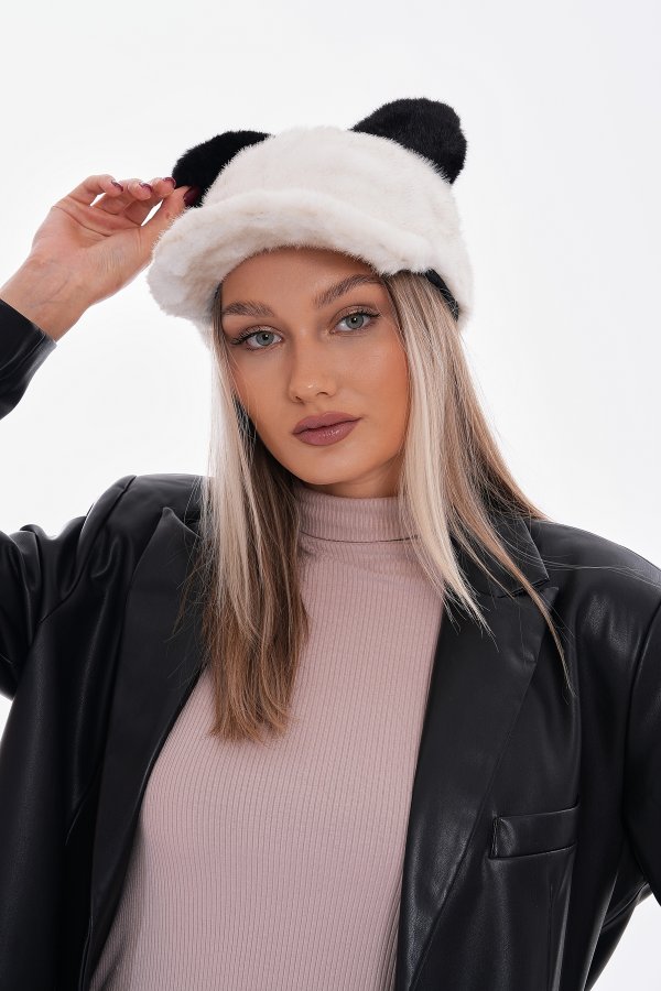 Tavşan Kulaklı Ekru Peluş Kep