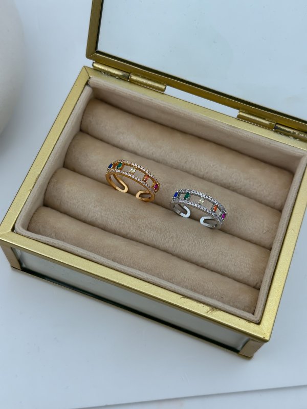 Özel Seri Renkli Oval Taş Sıralı Ayarlanabilir Yüzük