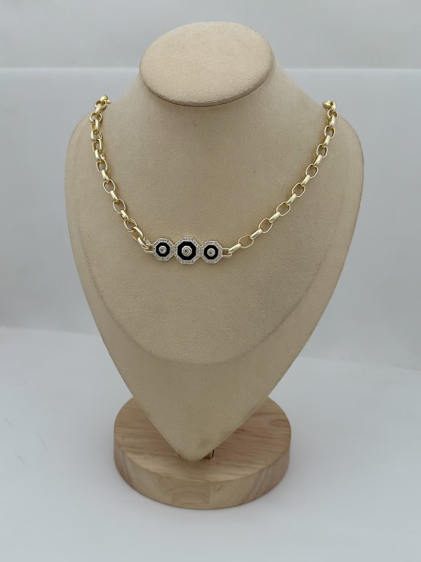Özel Seri Üçlü Siyah Mineli Elmas Model İç İçe Geçmeli Zincir Kolye (56 Cm)