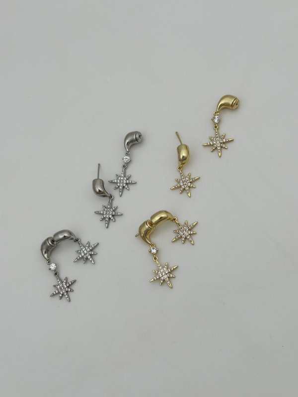 Özel Seri Zirkon Taşlı Kuzey Yıldız Sallantılı İkili Kapama Küpe