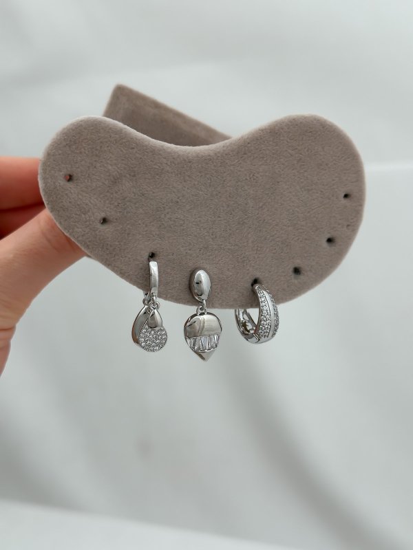 Özel Seri Gümüş Baget Taşlı Damla Figür Sallantılı Üçlü Set Küpe