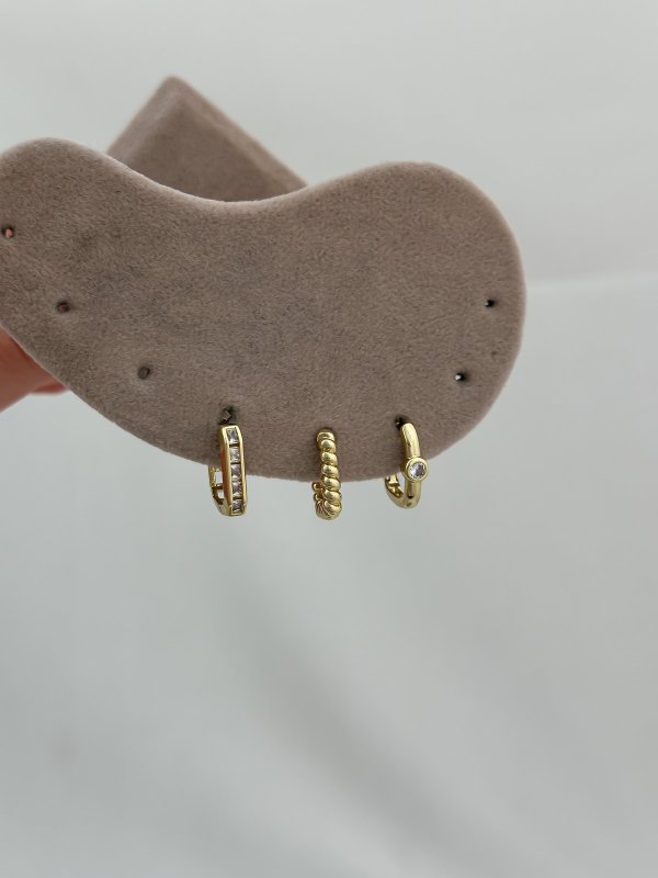 Özel Seri Zirkon Taşlı Oval Halka Üçlü Set Küpe