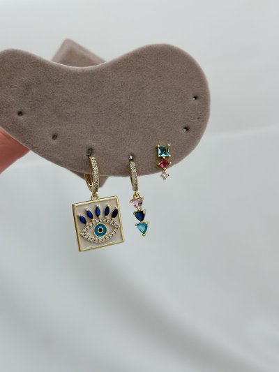 Özel Seri Renkli Zirkon Taşlı Göz Model Üçlü Set Küpe