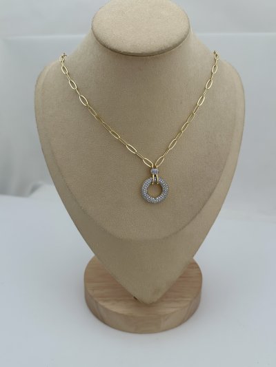 Özel Seri İki Renkli Oval Zincir Zirkon Taşlı Daire Figür Uç Kolye (55 Cm)