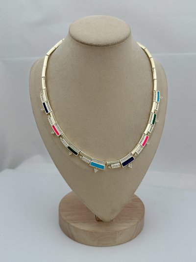 Özel Seri Renkli Mineli Dikdörtgen Figür Sıralı Choker Model Kolye
