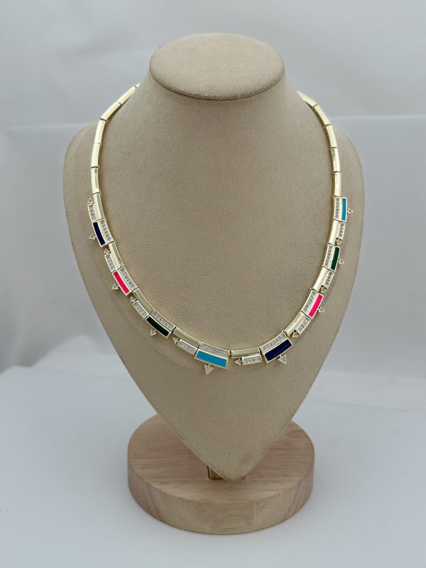 Özel Seri Renkli Mineli Dikdörtgen Figür Sıralı Choker Model Kolye