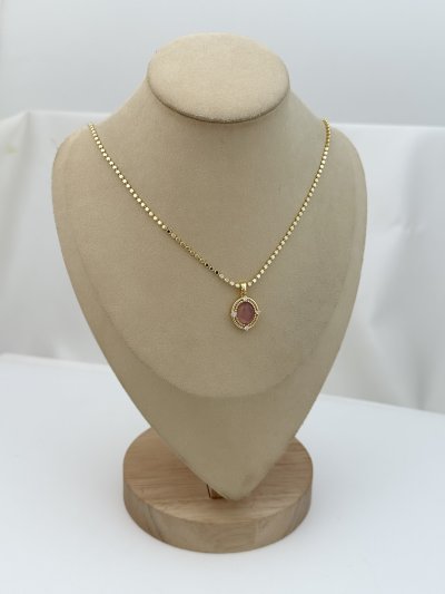 Özel Seri Ezme Zincirde Plaka Kenar Zirkon Taş Detay Oval Pembe Taşlı Kolye (57cm)