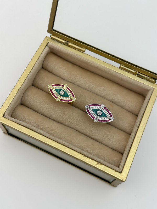 Özel Seri Fuşya Taş Detay Yeşil Mineli Göz Figür Ayarlanabilir Yüzük