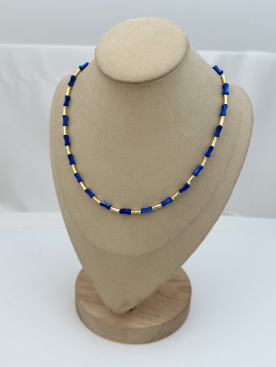 Kemik Model Lacivert Sedef Ve Plaka Sıralı Kolye (47 Cm)