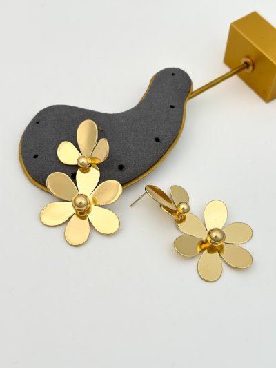 Özel Seri Gold Plaka İkili Çiçek Küpe
