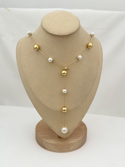 Özel Seri Gold Topçuk ve İnci Detay Önden Ayarlanabilir Dekolte Kolye ( 80 Cm )