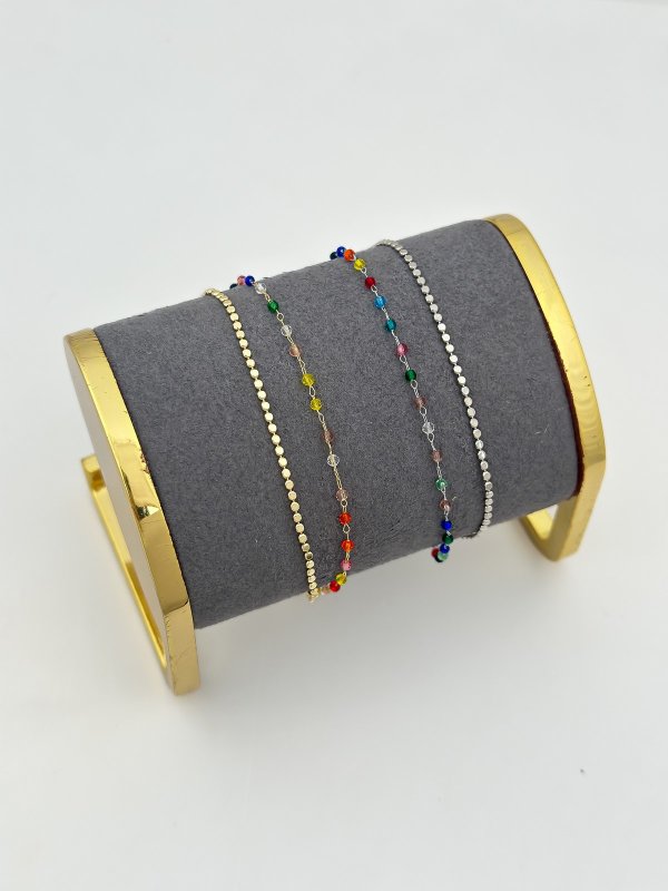 Özel Seri Ezme Zincir ve Renkli Boncuk Sıralı İkili Zincir Bileklik ( 22 Cm )