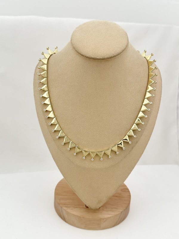 Özel Seri Zirkon Taşlı Üçgen Gold Plaka Sıralı Tasarım Kolye ( 46 Cm )
