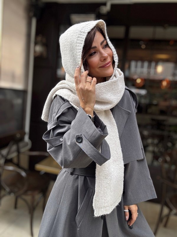 Yünlü Ekru Renkli Şapkalı Şal