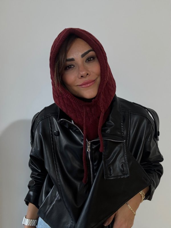 Bordo Renk Yumuşak Dokulu Örgü Model Balaclava