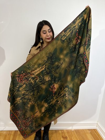 Yeşil Renk Çiçek Desen Fular (90*180)