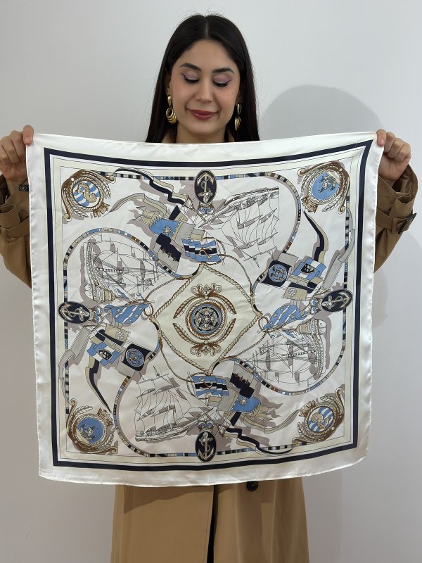 Gemi Figür Beyaz Fular (70*70)