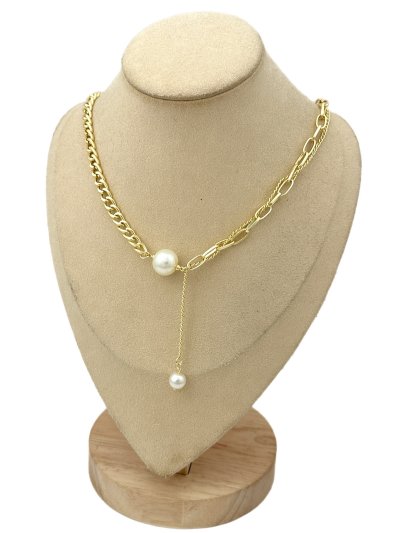 Gold İnci Sallatılı Tasarım Zincir Kolye ( 48 Cm )