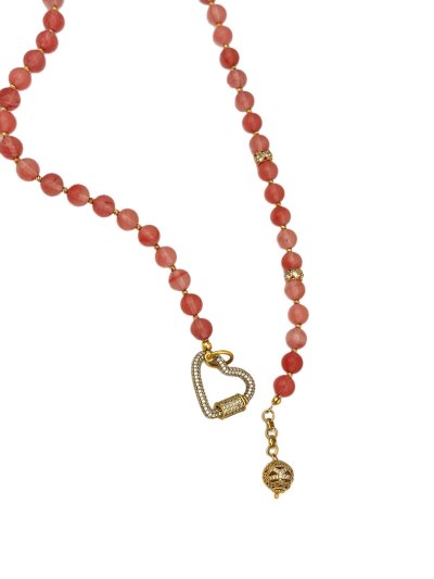 Pembe Kuvars Sıralı Zirkon Taşlı Tasarım Kalp Kapama Kolye (56 Cm)