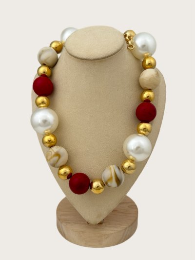 Gold Topçuk Detay Havlit Taşı Suni İnci Sıralı Kolye (56 Cm)