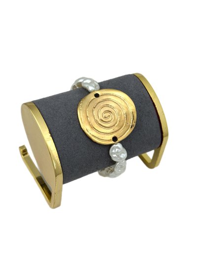 Suni İnci Sıralı Daire Plaka Uç Bileklik (24 Cm)