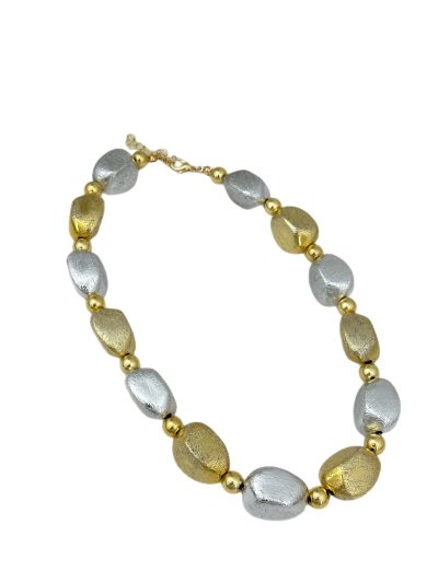 Gold ve Gümüş Asimetrik Boncuk Model Tasarım Kolye ( 47 Cm )